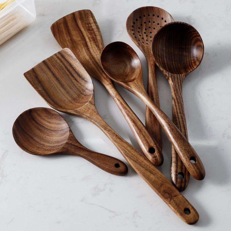 7pcs/set Teak Natural Wood Tableware Spoon - Fajar eMART