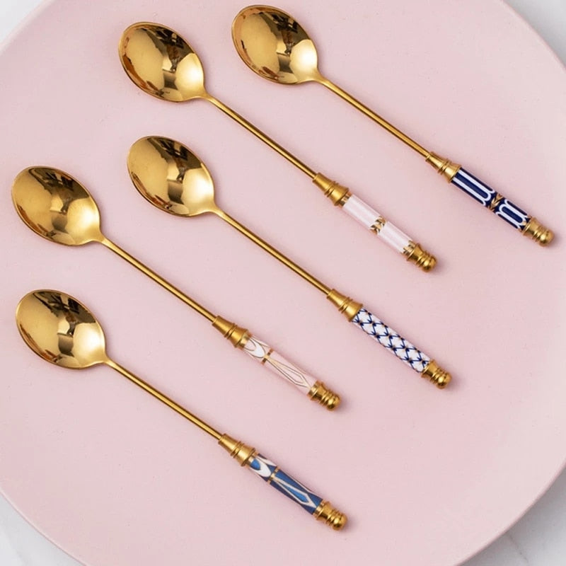 Stainless Steel Dessert Spoon Ceramic Long Handle