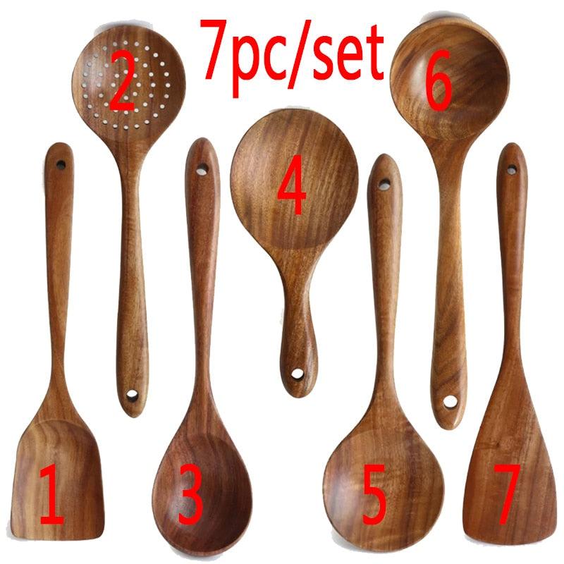 7pcs/set Teak Natural Wood Tableware Spoon - Fajar eMART