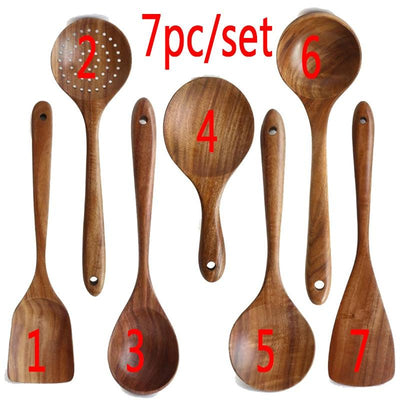 7pcs/set Teak Natural Wood Tableware Spoon - Fajar eMART