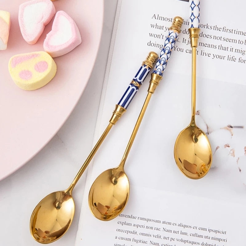 Stainless Steel Dessert Spoon Ceramic Long Handle