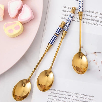 Stainless Steel Dessert Spoon Ceramic Long Handle