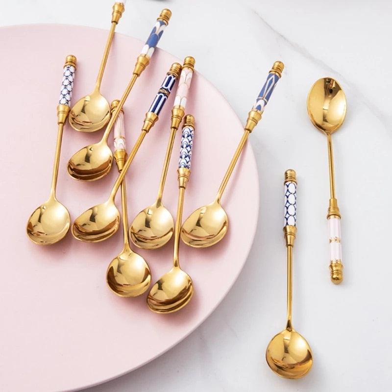 Stainless Steel Dessert Spoon Ceramic Long Handle