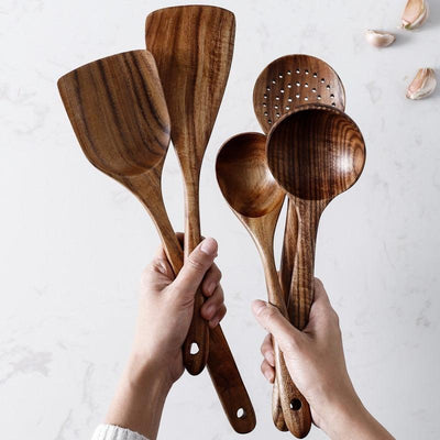 7pcs/set Teak Natural Wood Tableware Spoon - Fajar eMART
