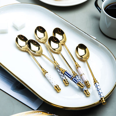 Stainless Steel Dessert Spoon Ceramic Long Handle